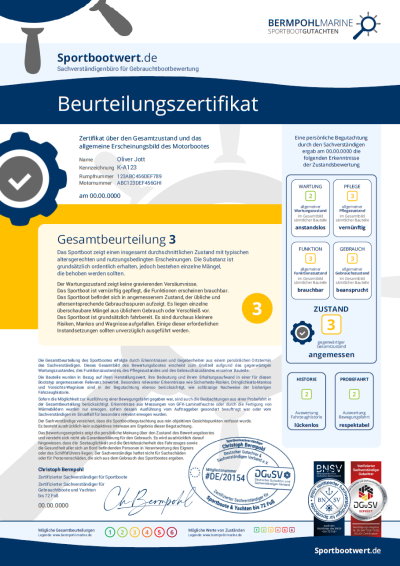 Beurteilungszertifikat Sportbootwert.de Bermpohl Marine