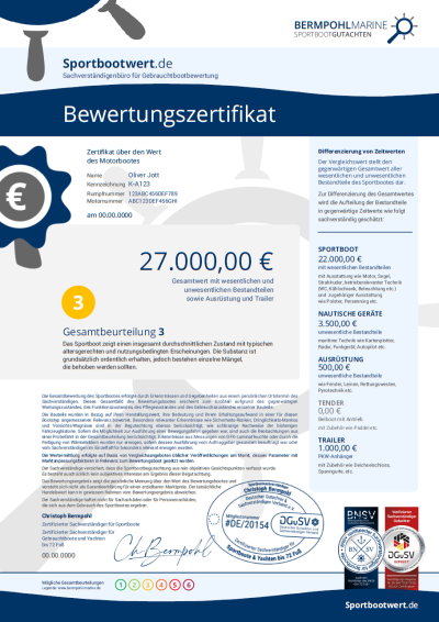 Bewertungszertifikat Sportbootwert.de Bermpohl Marine